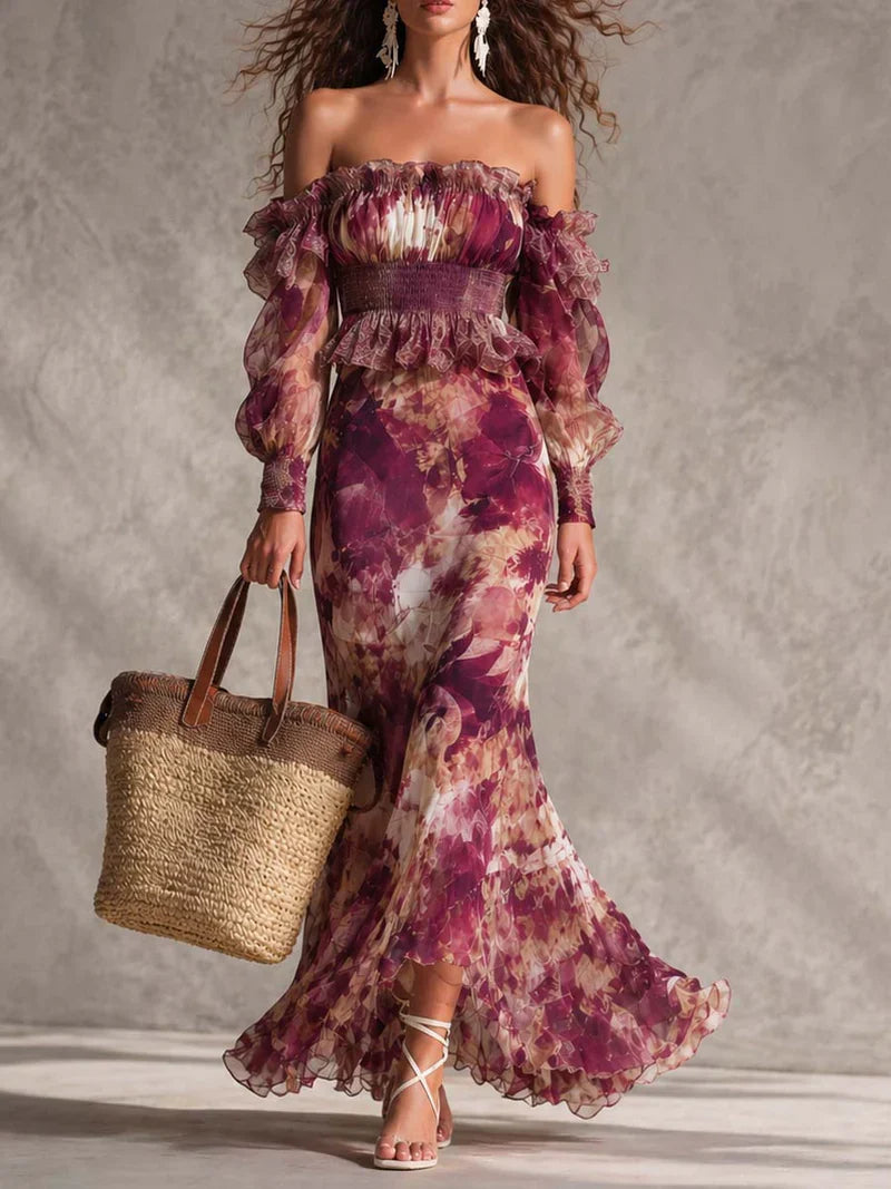 Aurora Pink Chiffon Maxi Dress with Off-Shoulder Design Discounted Price