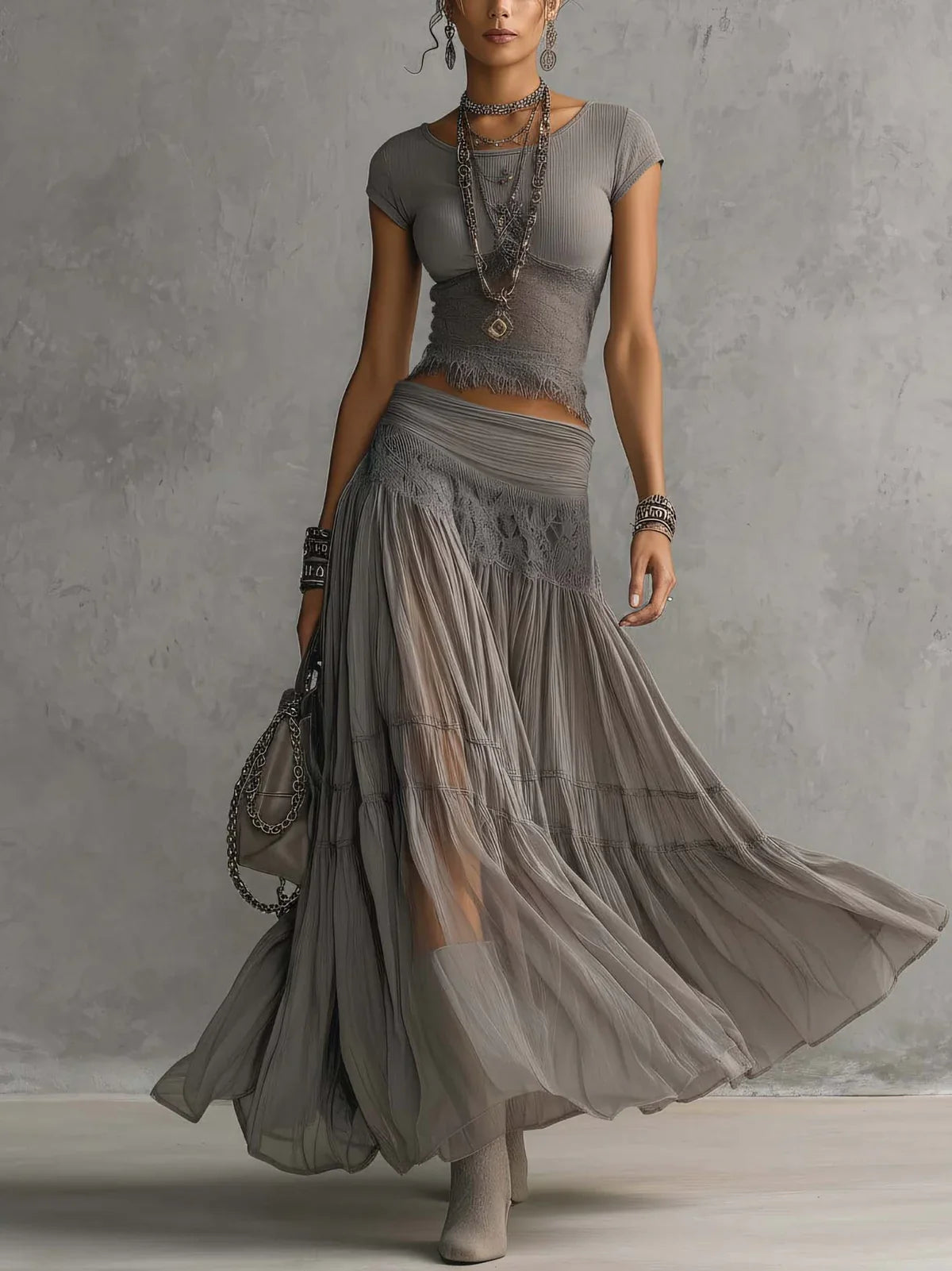 Adriana Gray Lace Top and Pleated Maxi Skirt Set