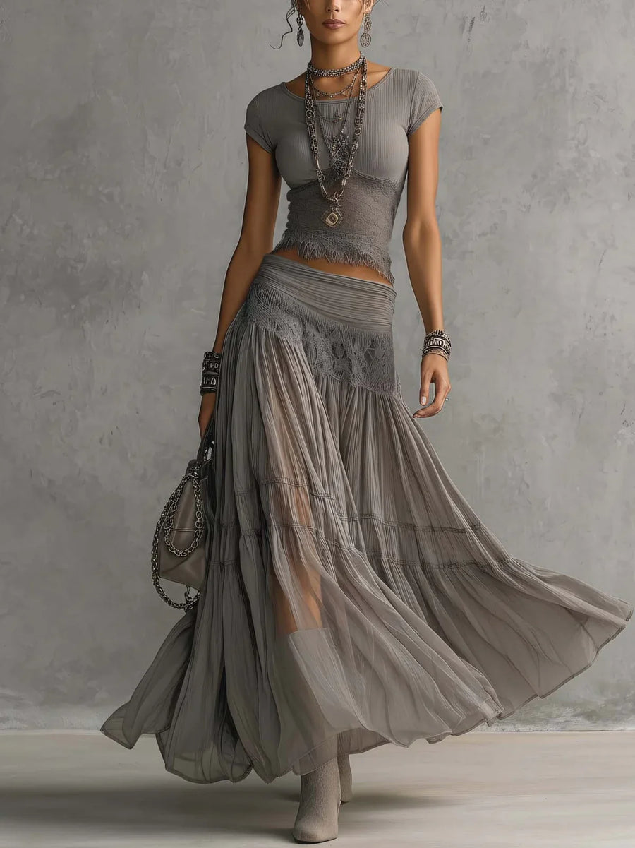 Adriana Gray Lace Top and Pleated Maxi Skirt Set