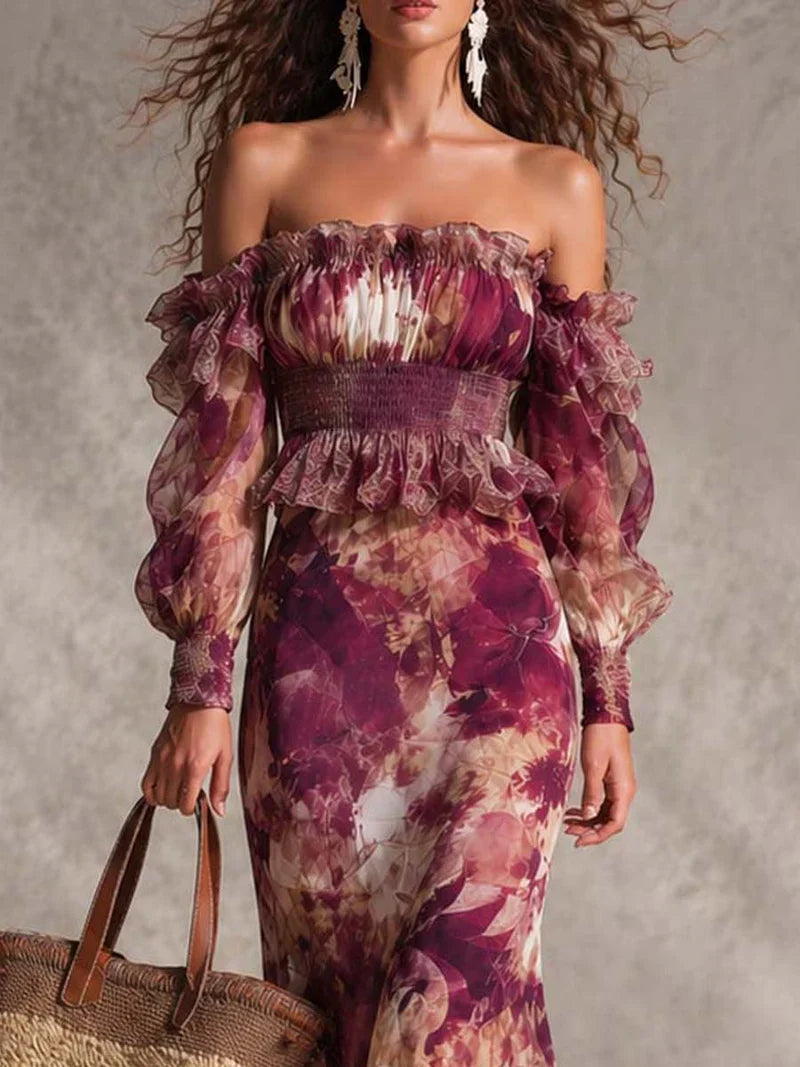 Aurora Pink Chiffon Maxi Dress with Off-Shoulder Design Discounted Price