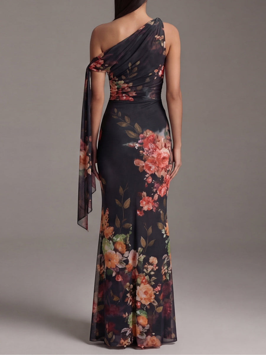 Black Maxi Pleated Dress with One Shoulder