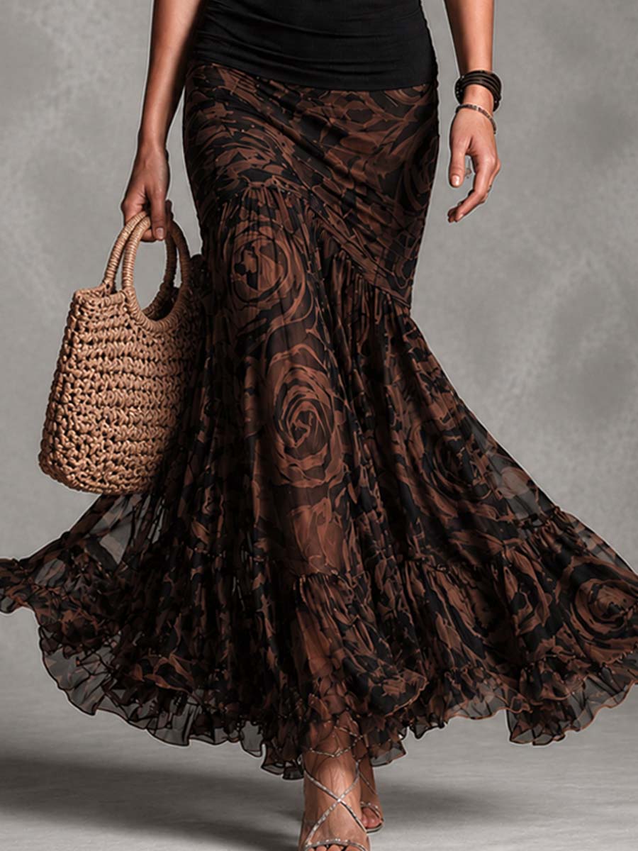 Suzette Set with Black Top and Printed Maxi Skirt