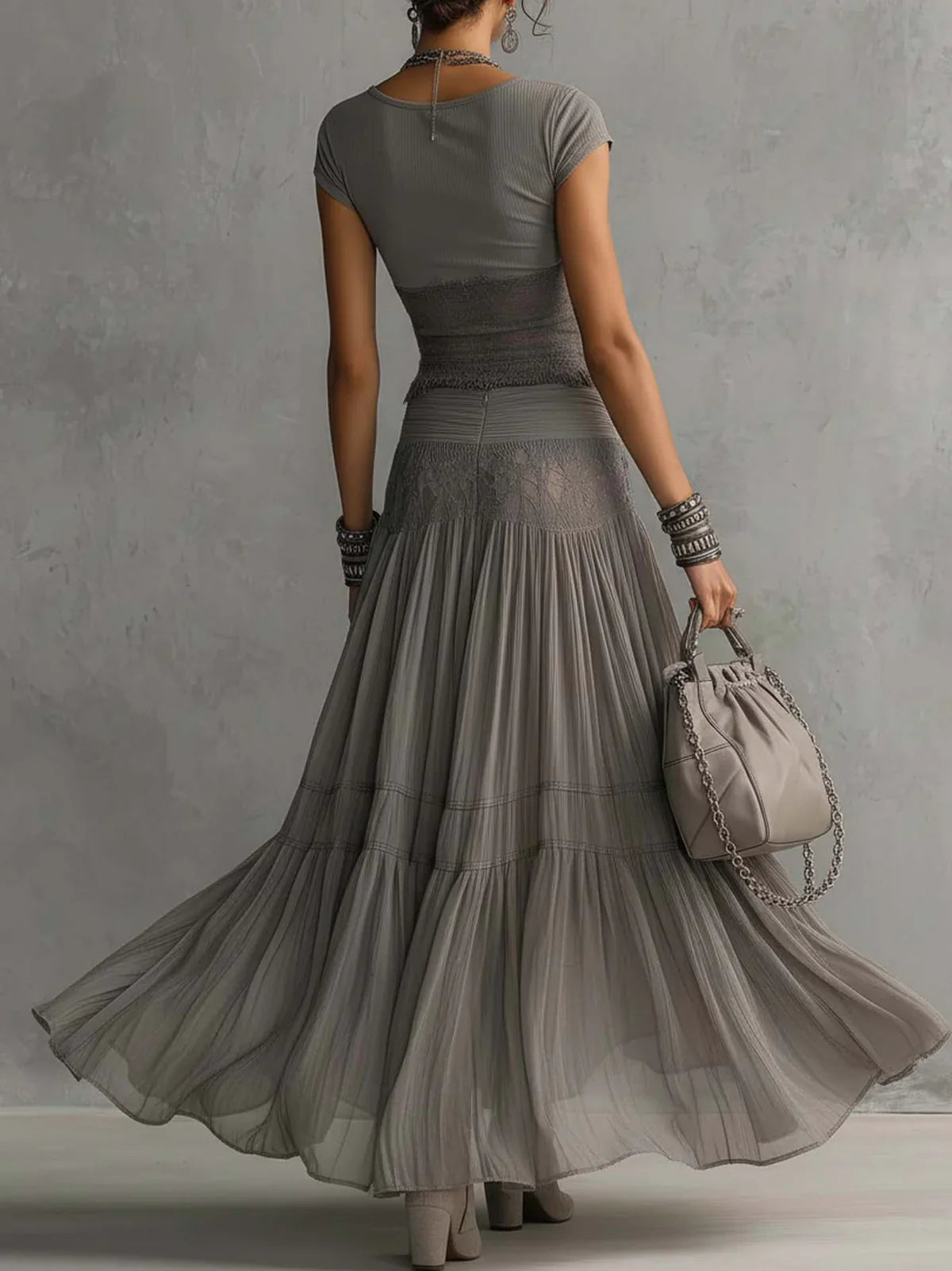 Adriana Gray Lace Top and Pleated Maxi Skirt Set