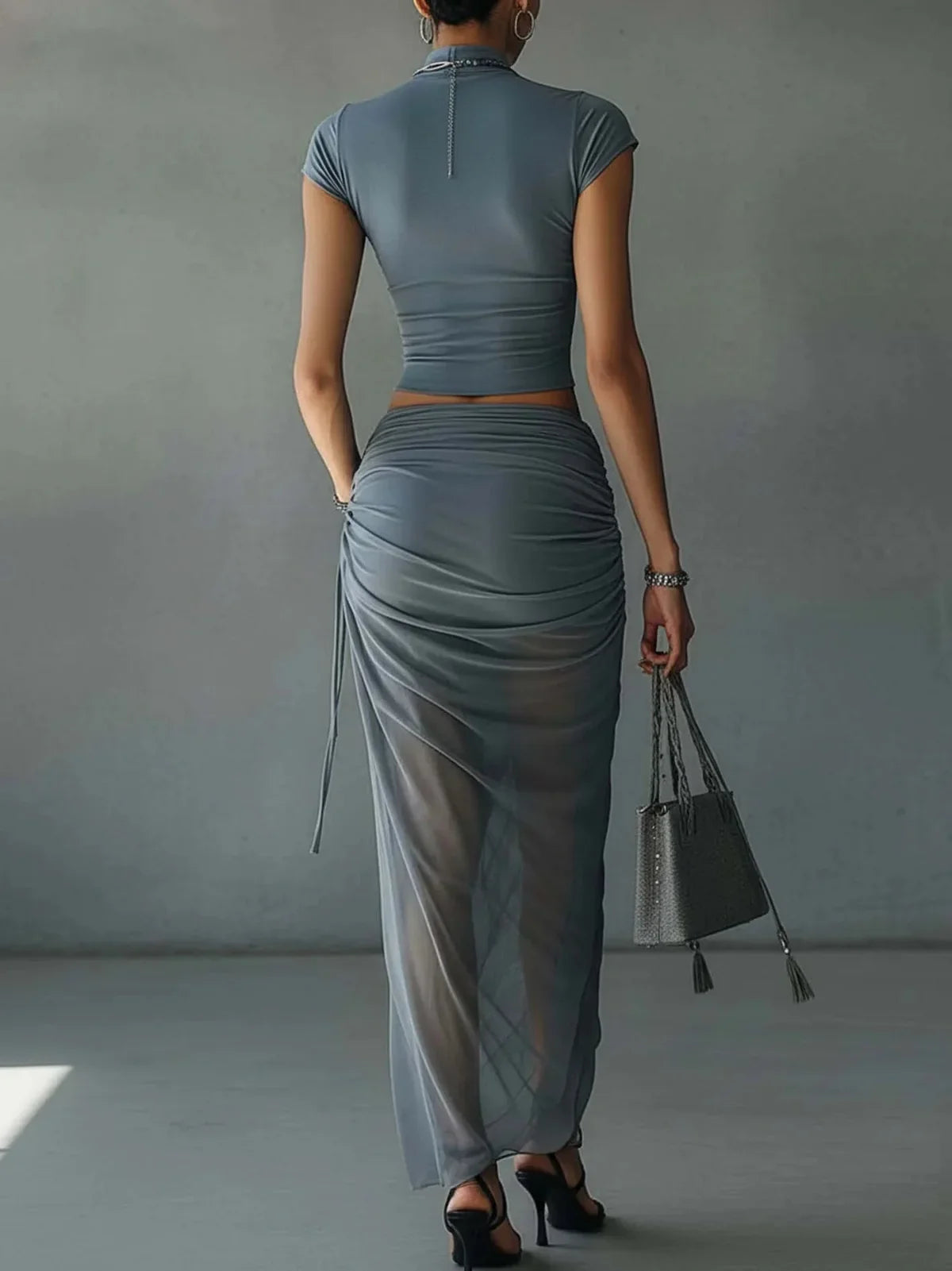 Alicia Short Blue Top and Semi-Transparent Draped Mesh Skirt