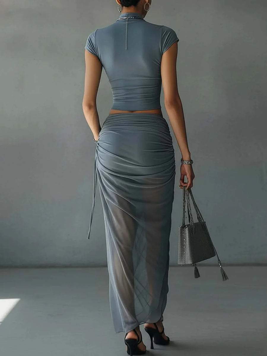Alicia Short Blue Top and Semi-Transparent Draped Mesh Skirt