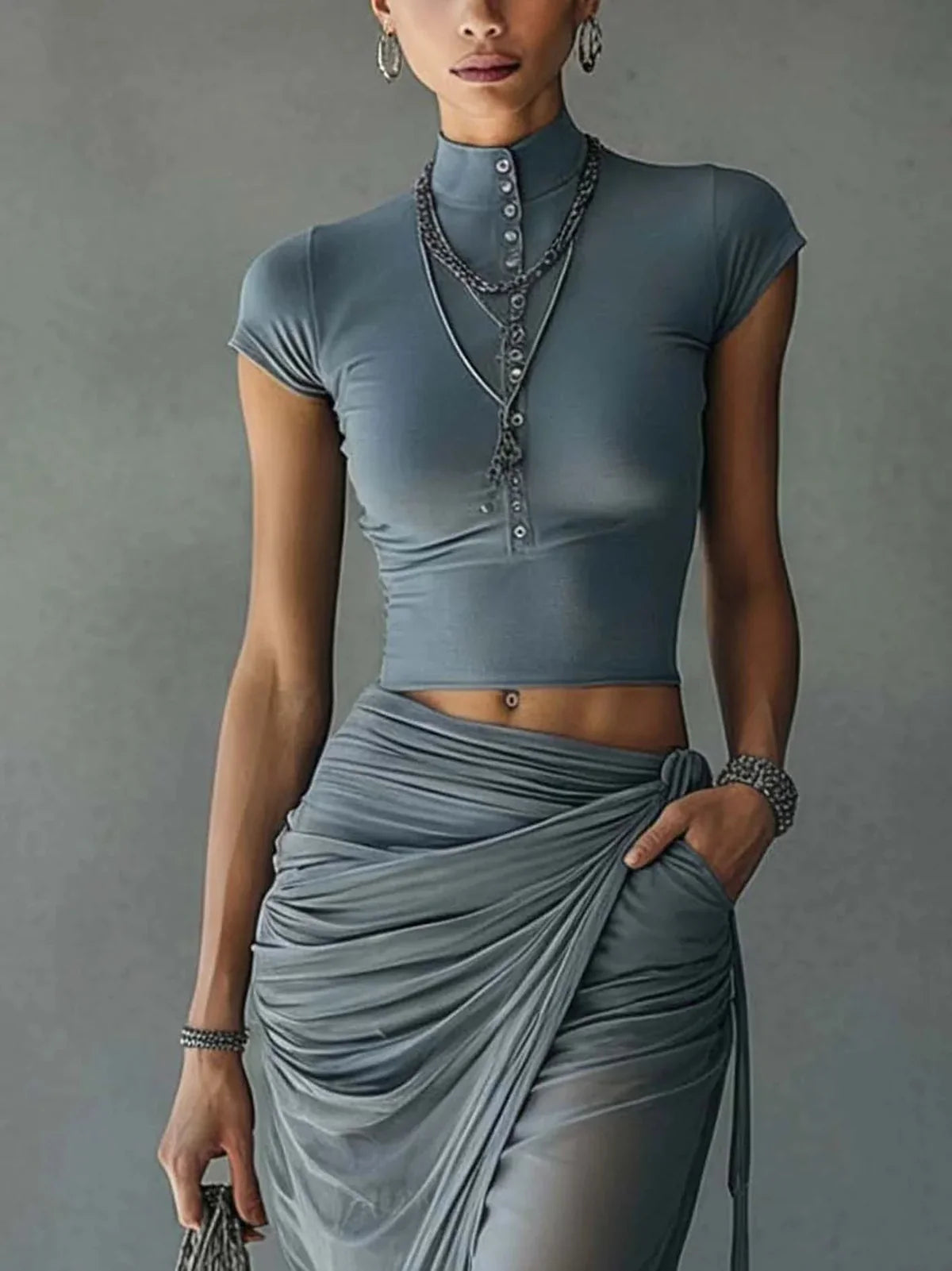 Alicia Short Blue Top and Semi-Transparent Draped Mesh Skirt
