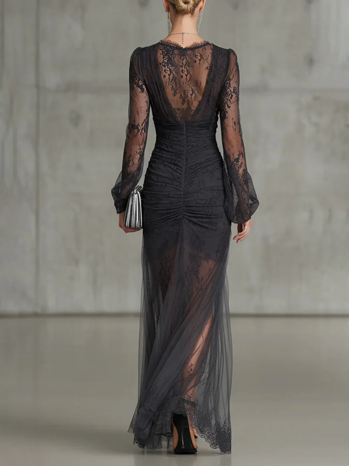 Dark Gray Maxi Lace Dress with Long Sleeves and Slit