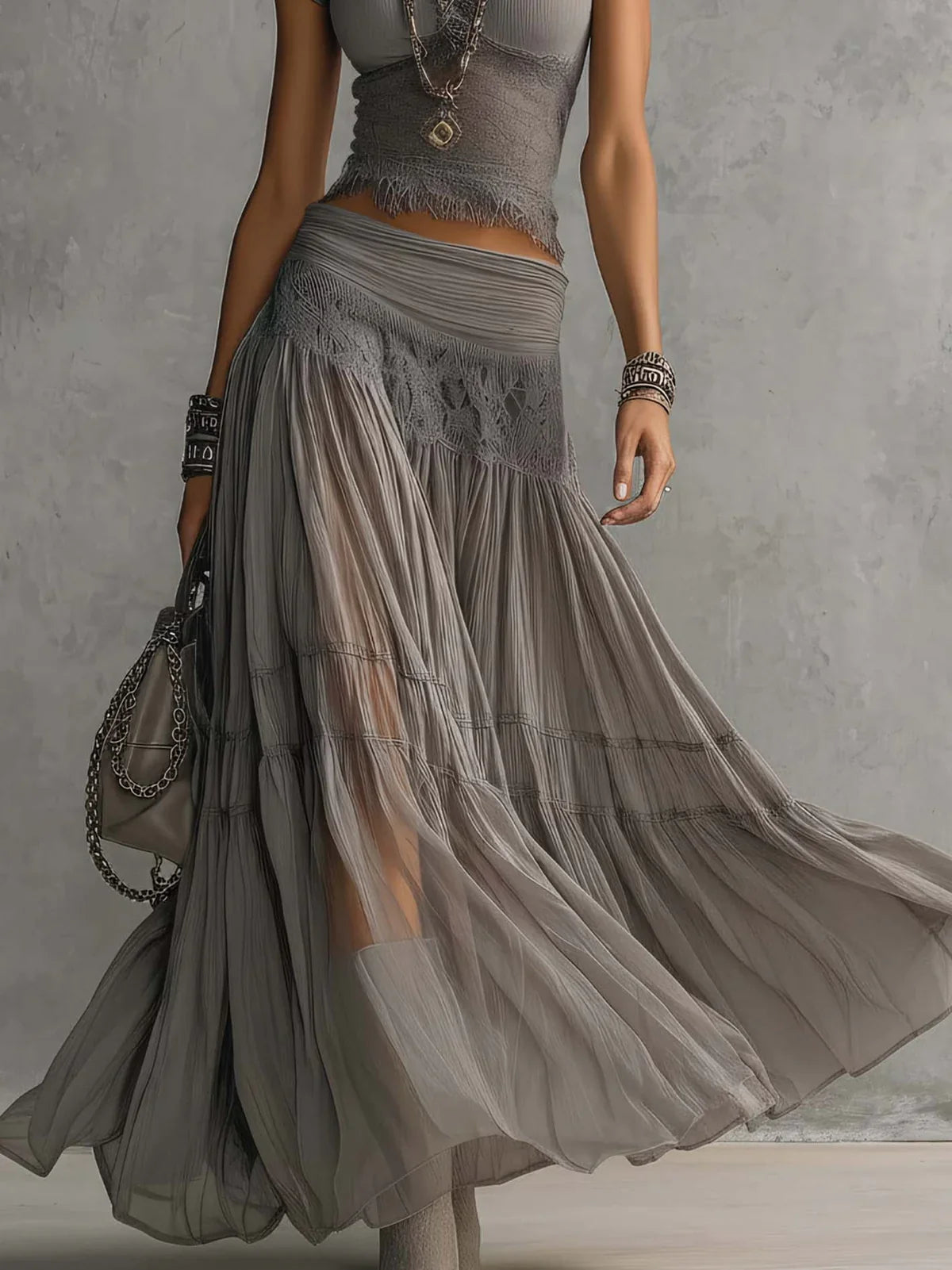 Adriana Gray Lace Top and Pleated Maxi Skirt Set