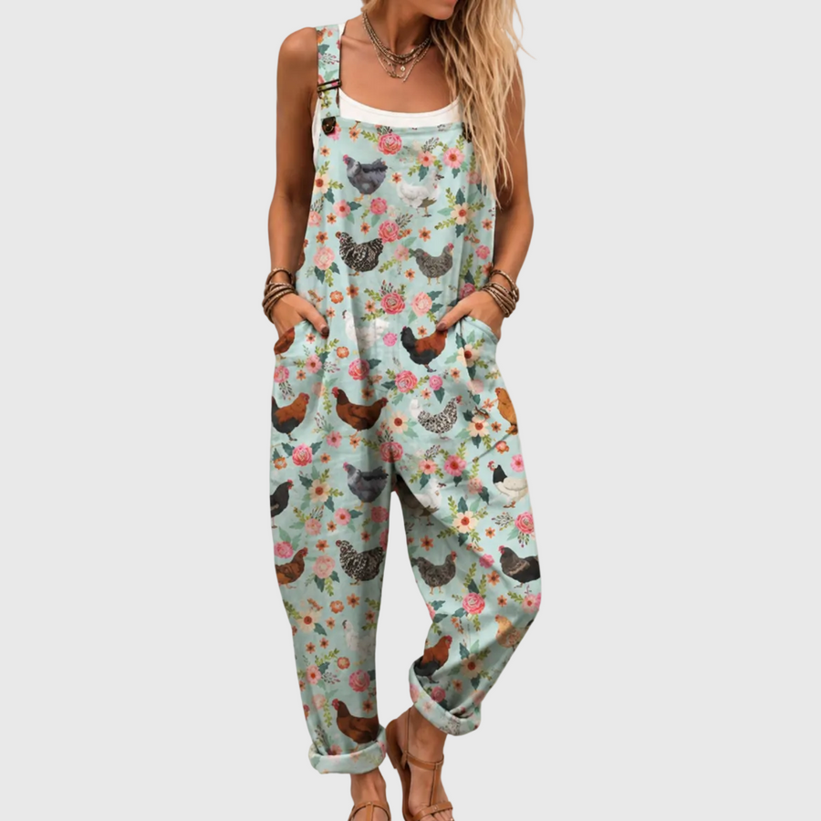 Floral Soft Jumpsuit with Chicken Pattern and Pockets