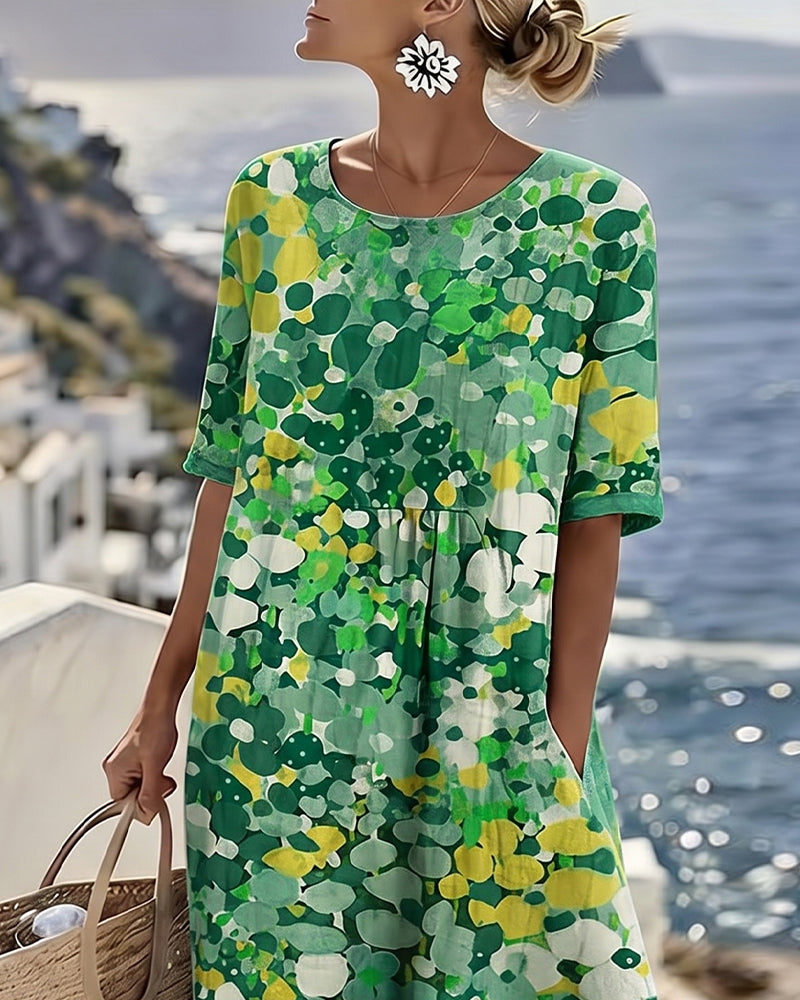WILLOW | Floral Midi Dress with Round Neck and Short Sleeves for Effortless Summer Style