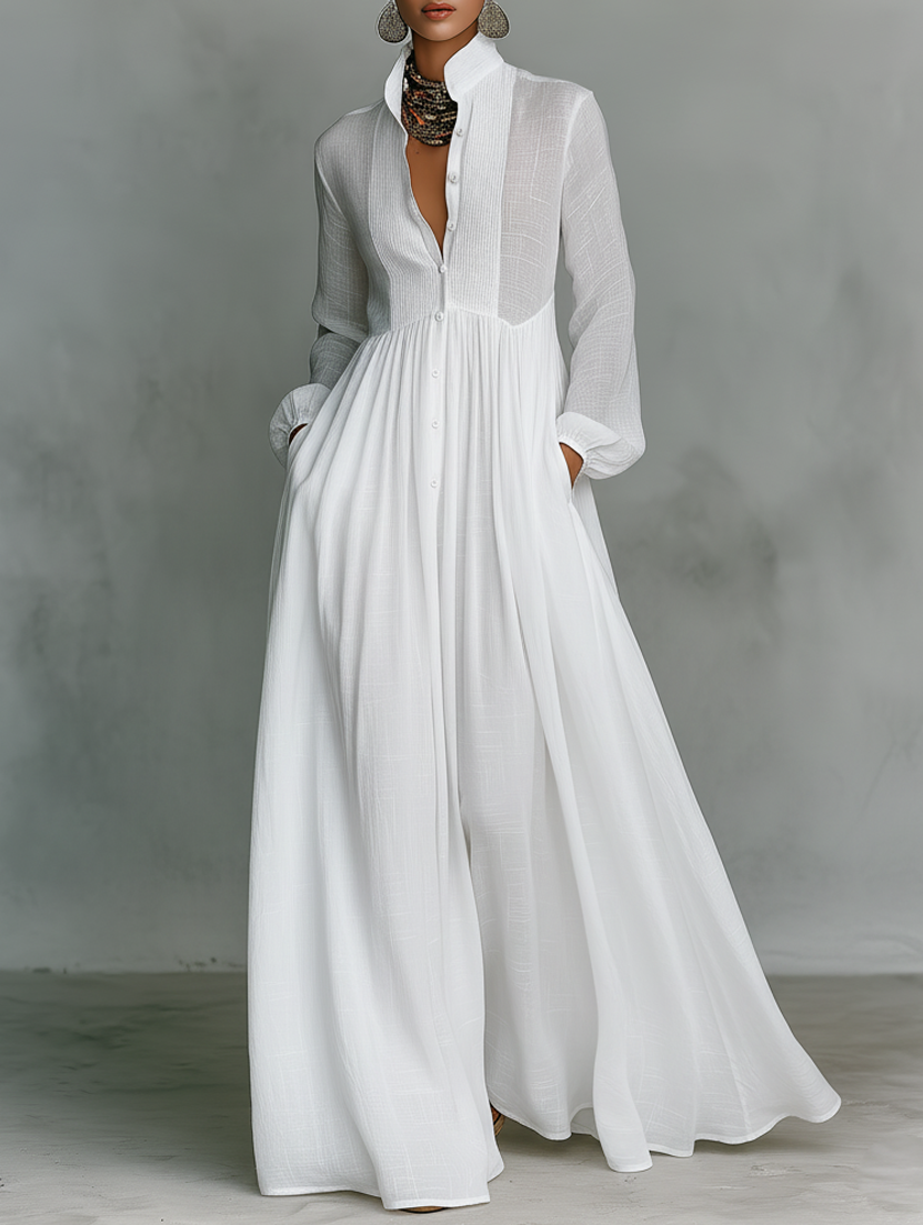 Elisa - Maxi Minimalist Dress with Patchwork, High Collar and Long Sleeves