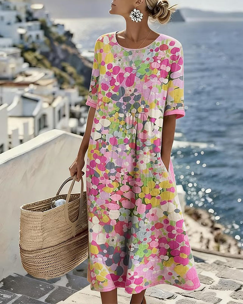 WILLOW | Floral Midi Dress with Round Neck and Short Sleeves for Effortless Summer Style