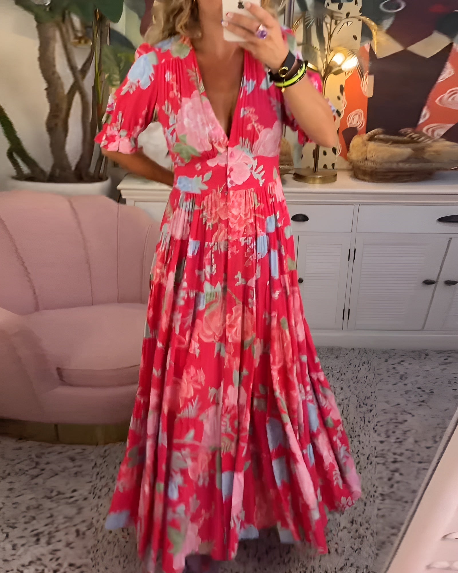 CATERINA | Long Floral Dress with Hidden Pockets and Feminine Cut for the Day