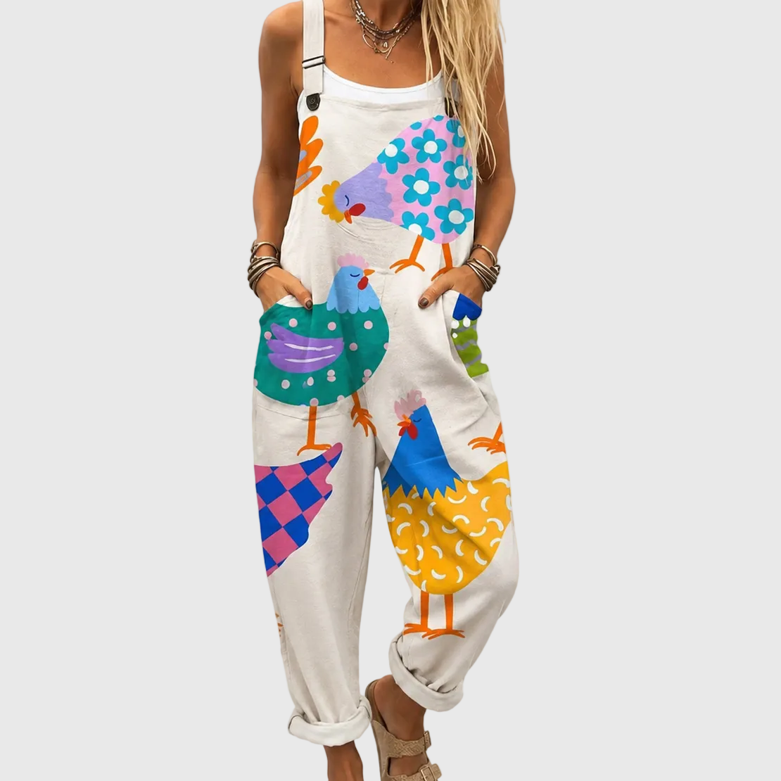 Soft Jumpsuit with Colorful Chicken Print