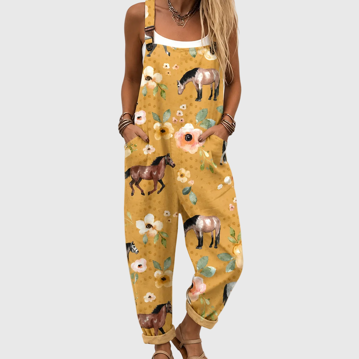 Soft Jumpsuit with Horse and Flower Print