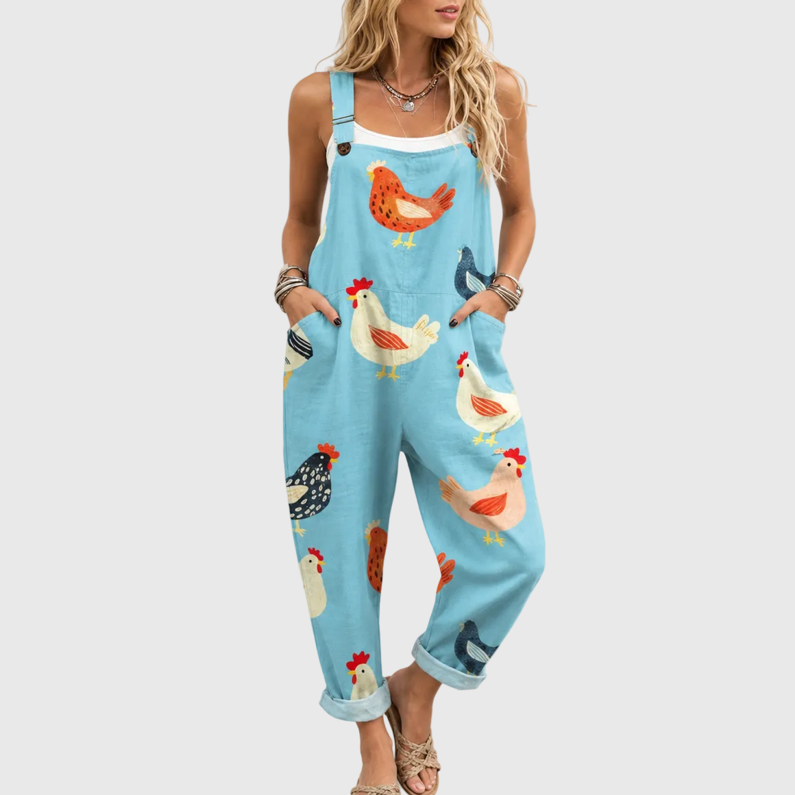 Casual Blue Jumpsuit with Chicken Print