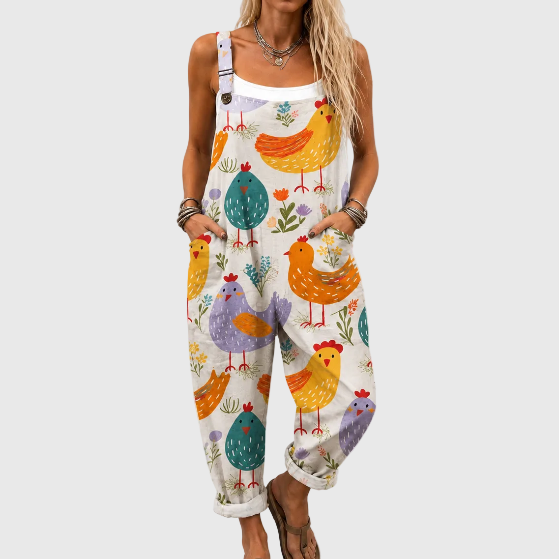 Soft Jumpsuit with Colorful Bird Print