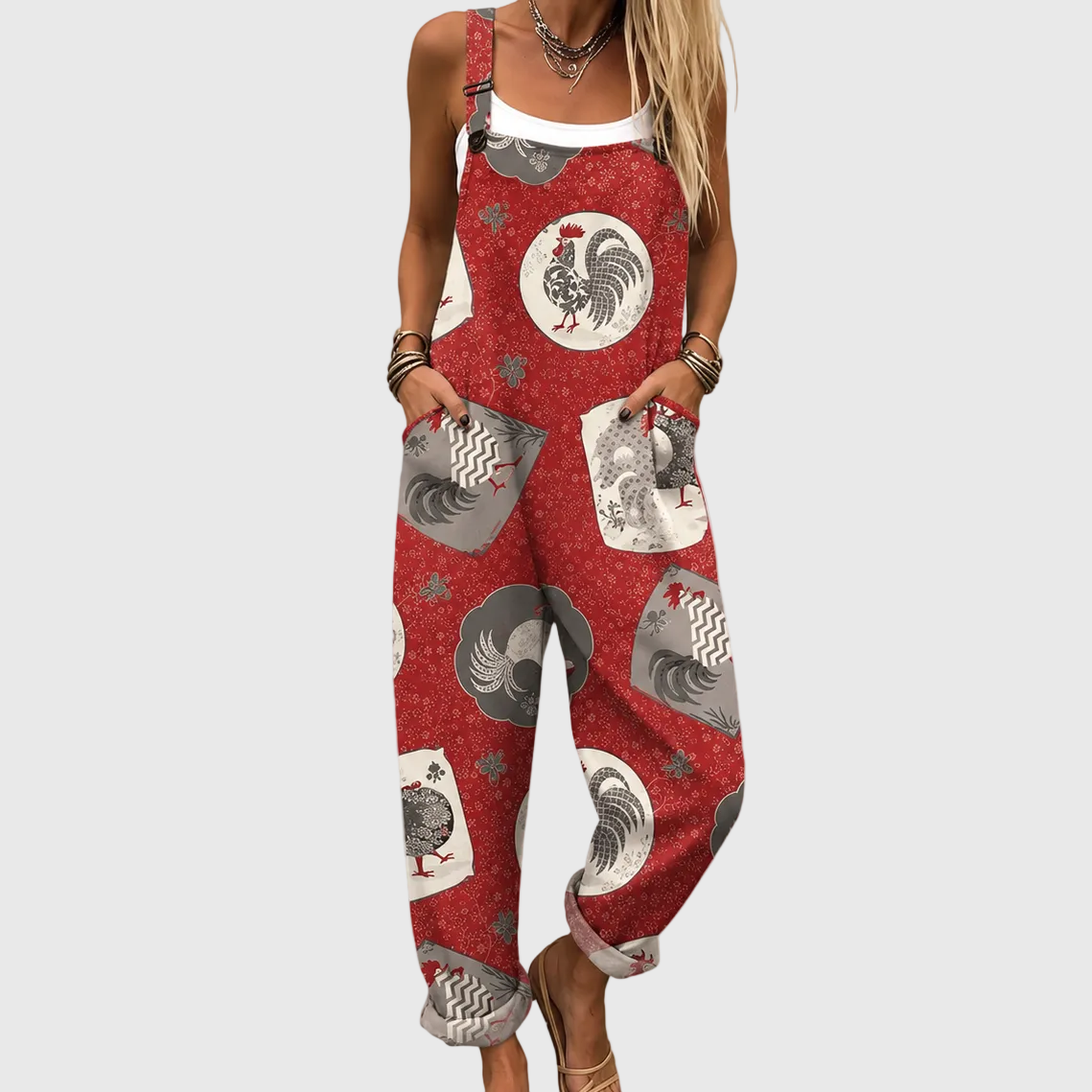 Relaxed Overalls with Vintage Rooster Print