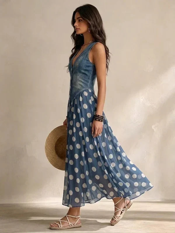 Alba Elegant Denim Effect Dress with Polka Dot Chiffon Skirt
