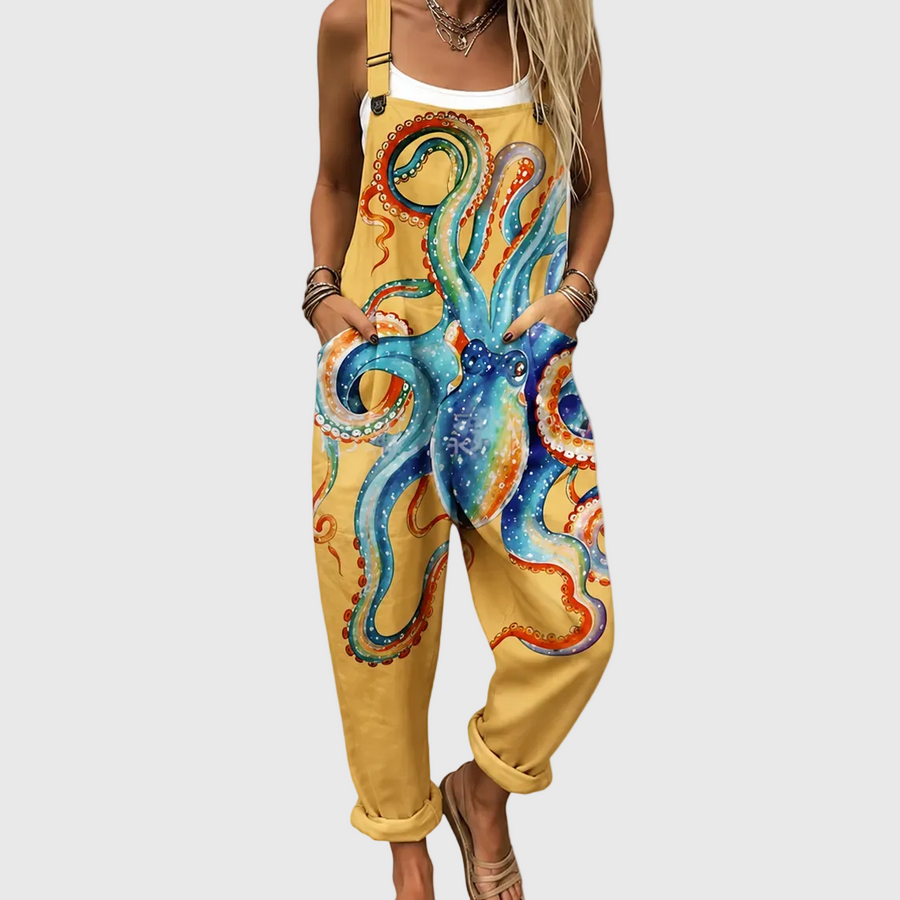 Relaxed Overalls with Marine Octopus Pattern