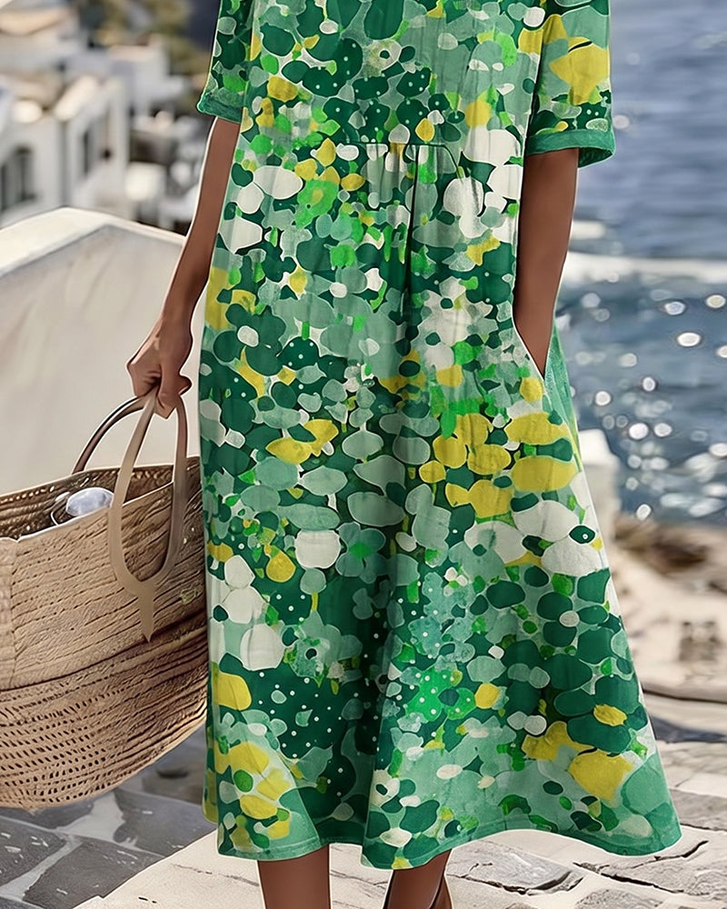 WILLOW | Floral Midi Dress with Round Neck and Short Sleeves for Effortless Summer Style