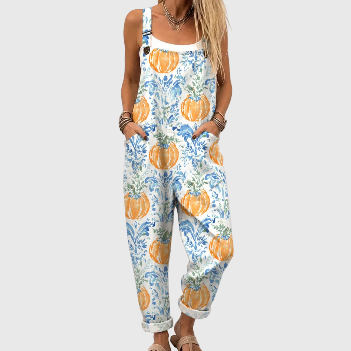 Soft Jumpsuit with Pumpkins and Blue Floral Patterns