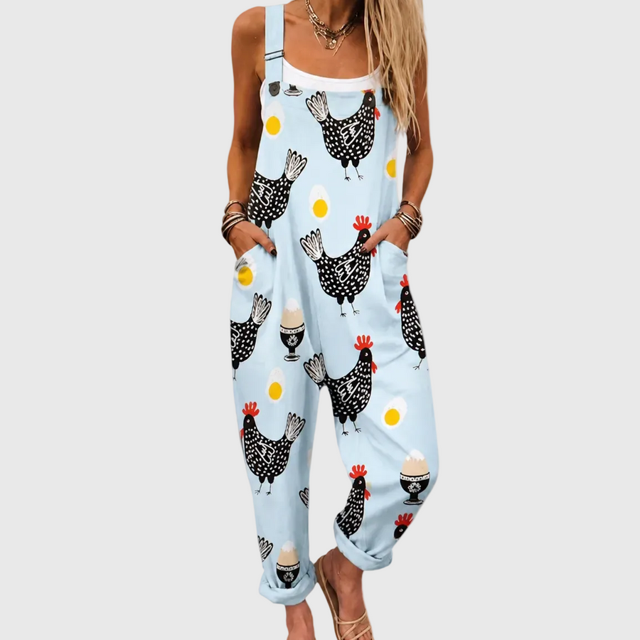 Relaxed Overalls with Chicken Pattern