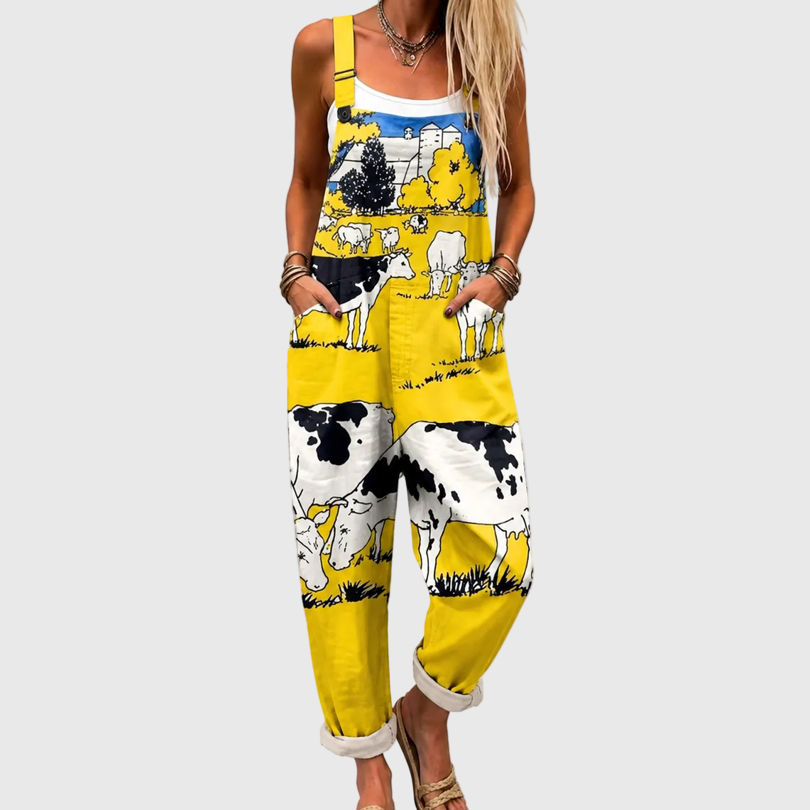 Soft Yellow Jumpsuit with Country Print