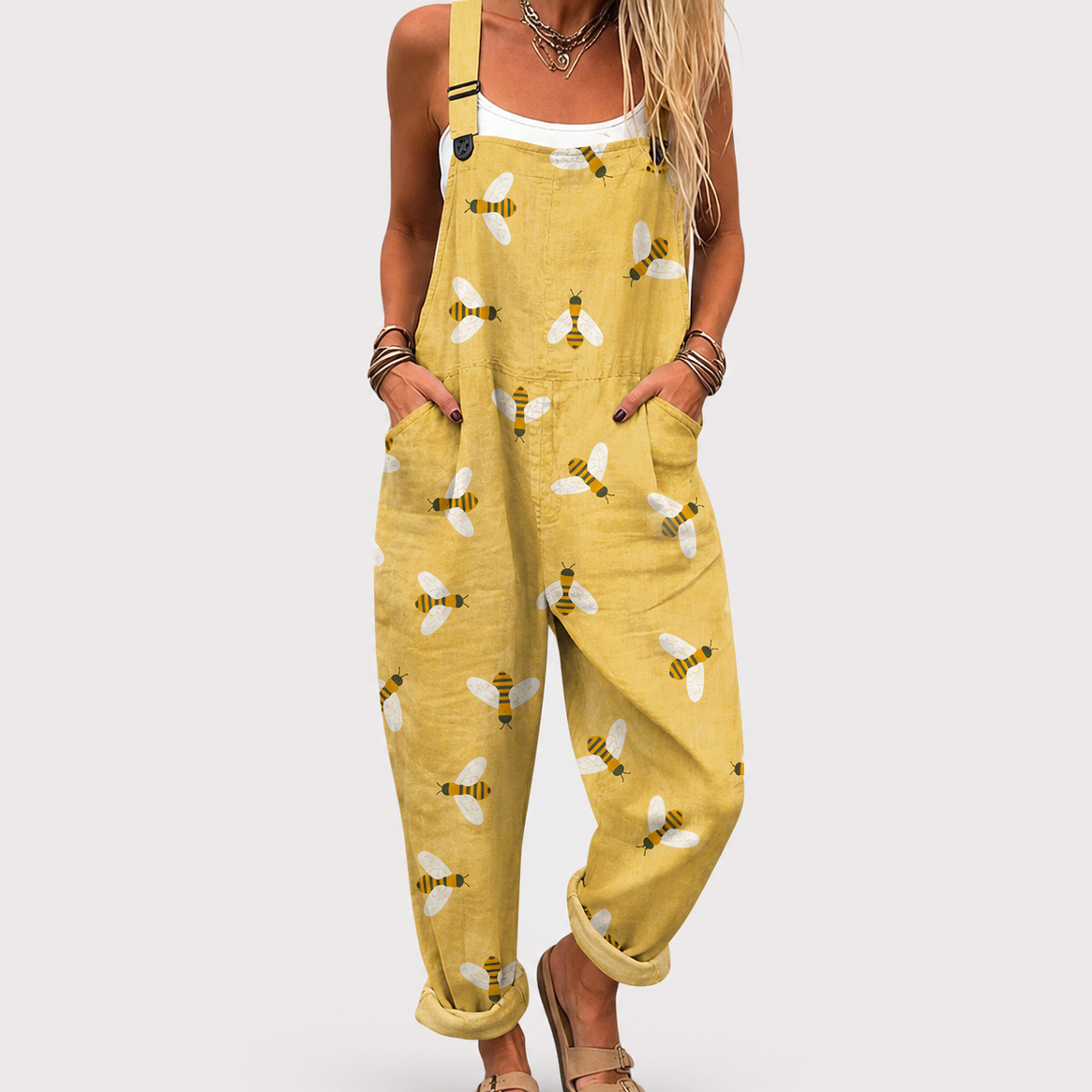 Soft Yellow Jumpsuit with Bee Pattern