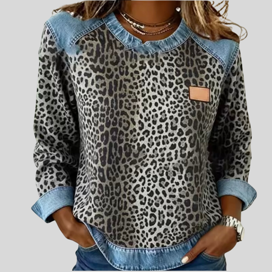 Hollyn™ | Leopard Print Top with Denim Collar