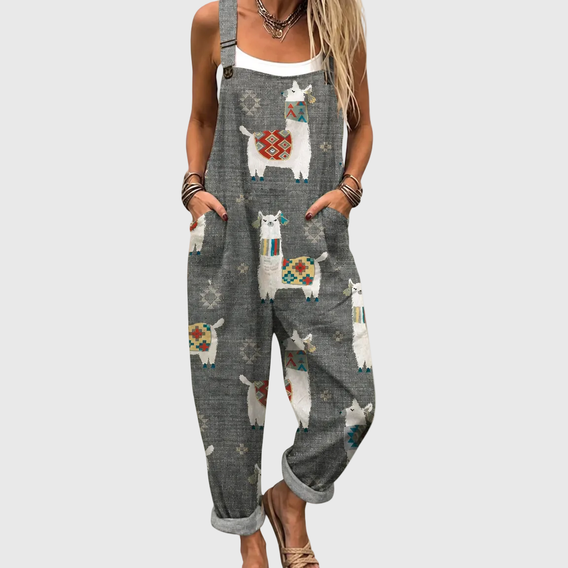 Soft Gray Jumpsuit with Llama Pattern