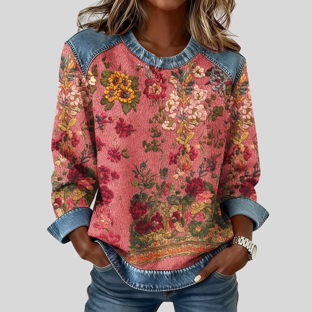 Orabelle™ | Floral Print Sweatshirt with Denim Trim
