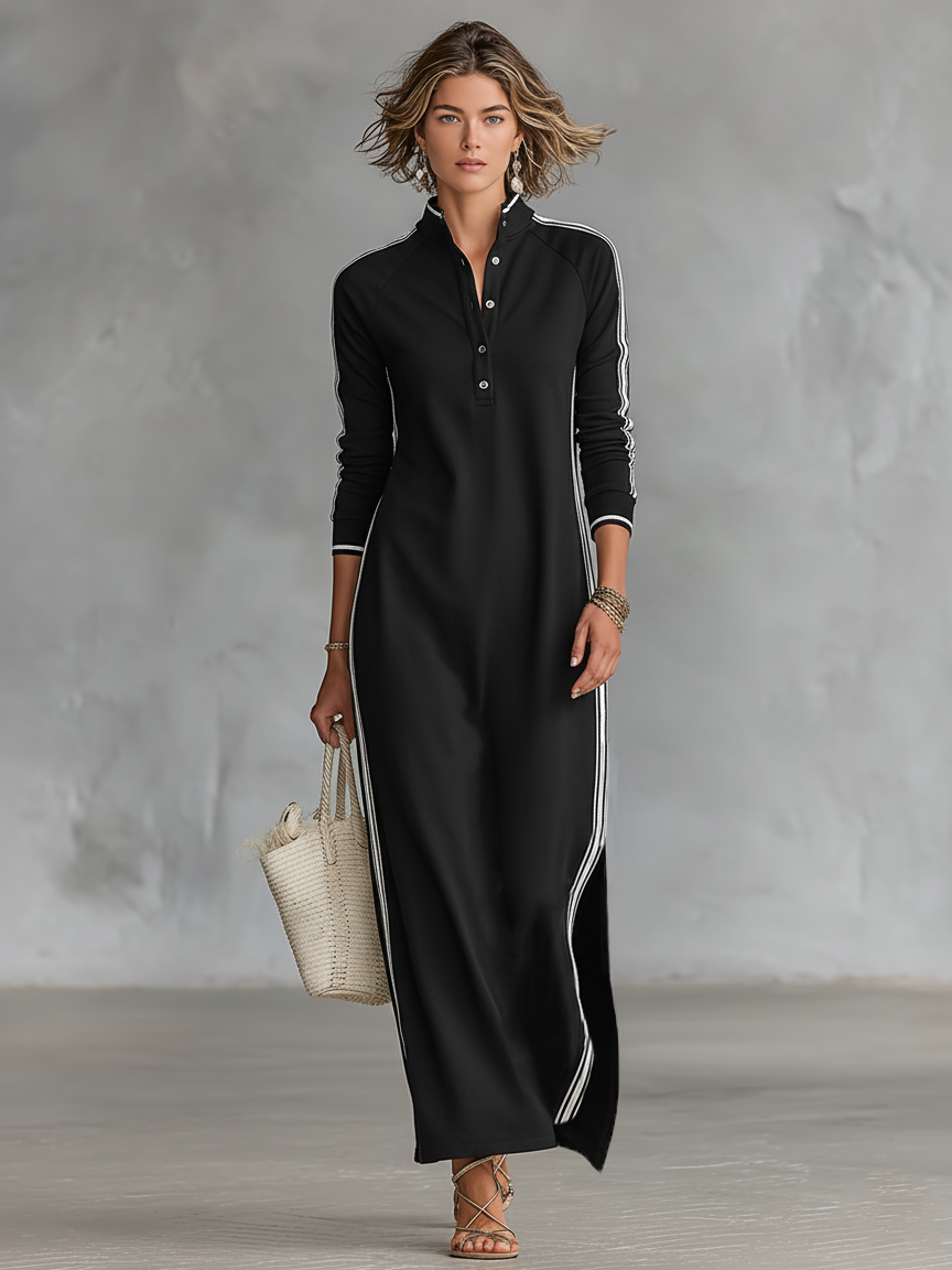 Maxi Sweatshirt Dress for Women with Button-Down Collar and White Trim