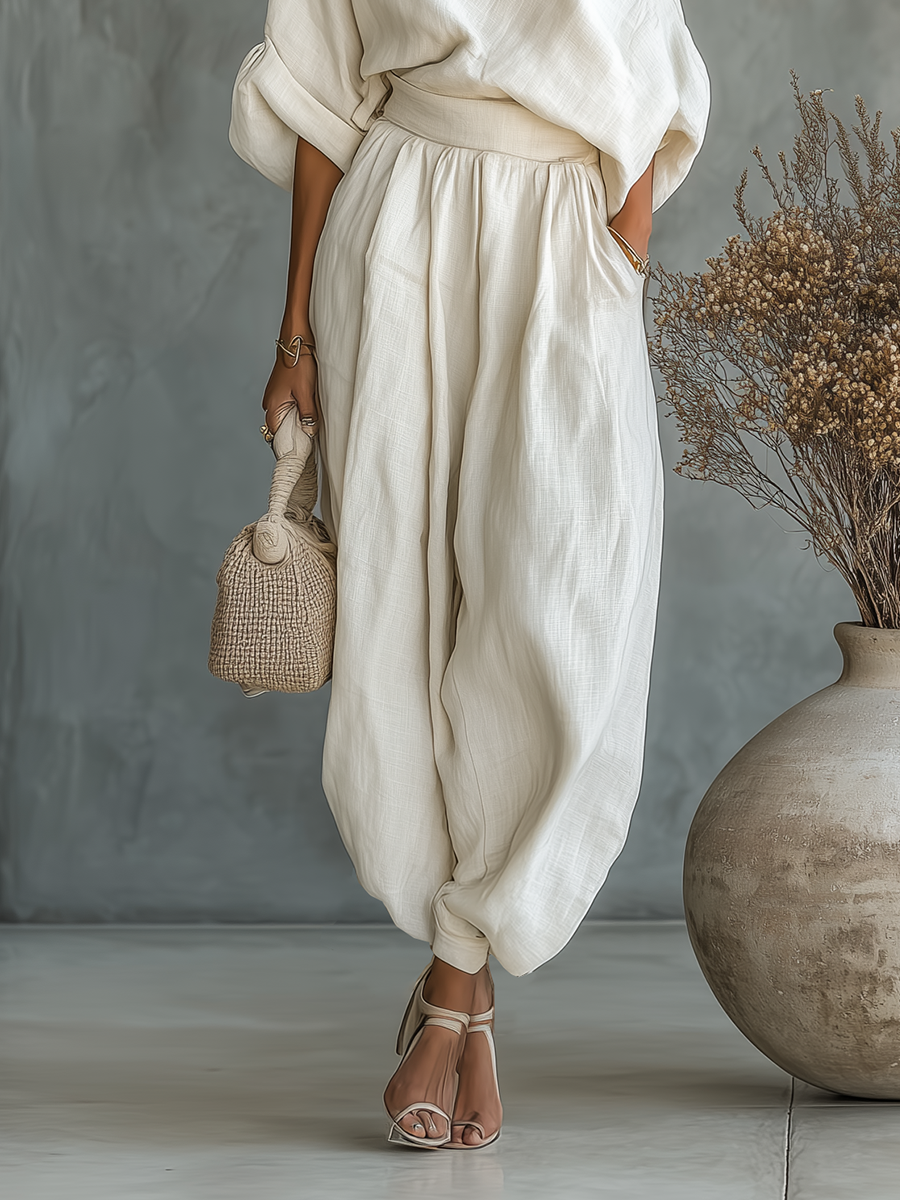 Women's Off-White Set with Off-Shoulder Top and Tapered Pants