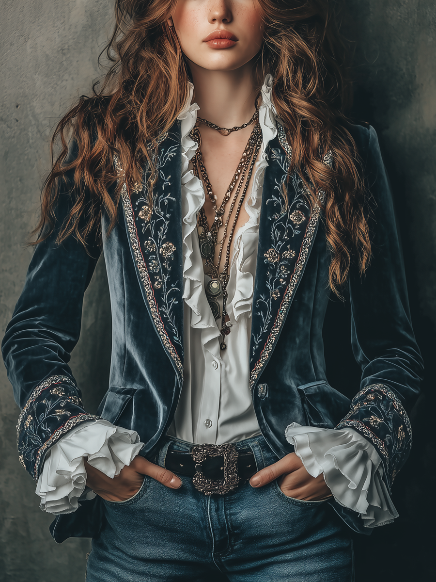 Retro Floral Embroidered Velvet Blazer with Cuffs