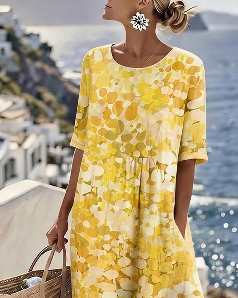 WILLOW | Floral Midi Dress with Round Neck and Short Sleeves for Effortless Summer Style