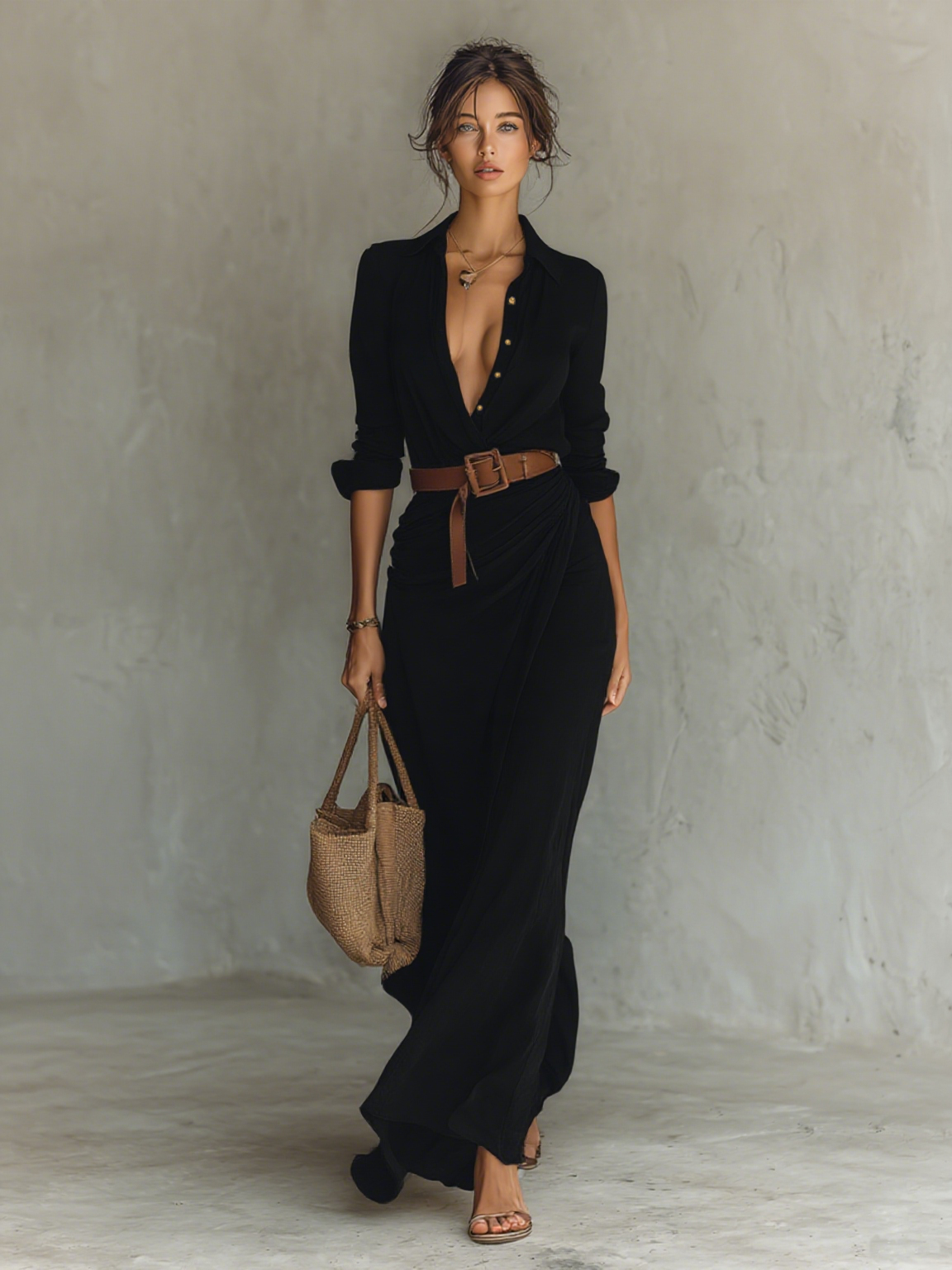 Lapel Single Breasted Long Sleeve Belted Maxi Dress