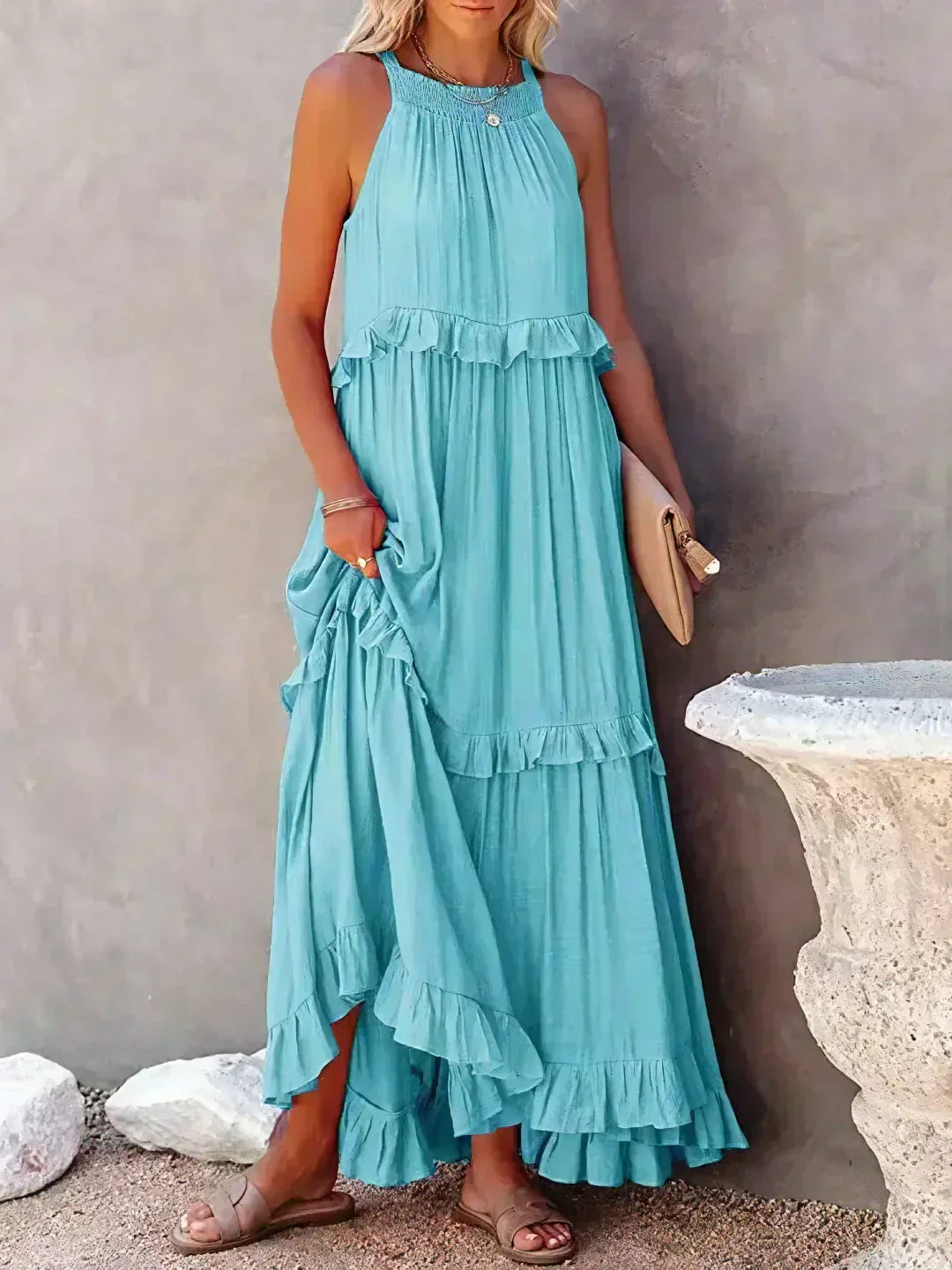 Quetzel | Graceful Halter Neck Ruffle Trim Dress