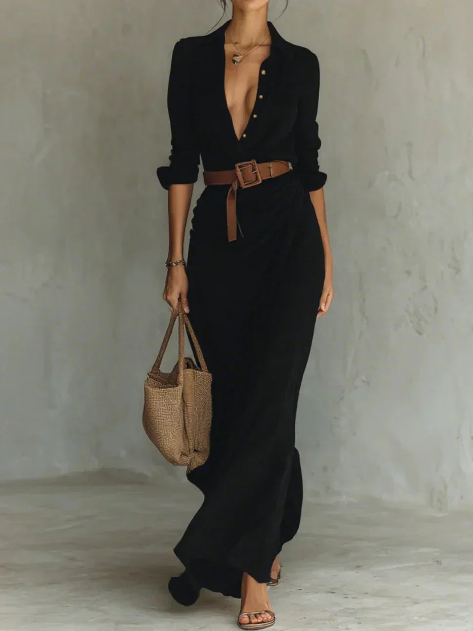 Camille™ | Maxi Dress with Lapel and Waist Belt