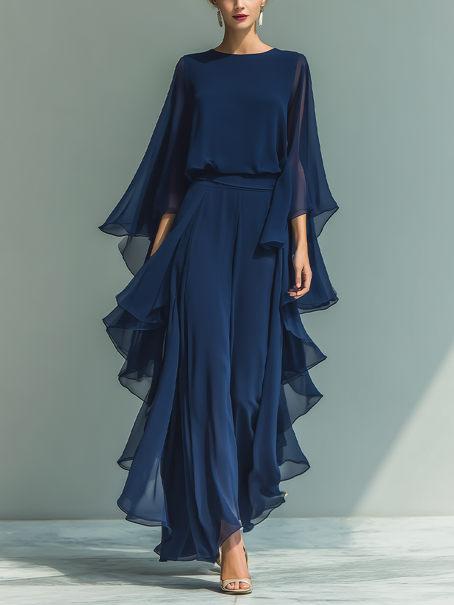 Navy Blue Chiffon Top Set with Flared Sleeves and Straight Leg Pants with Ruché Details