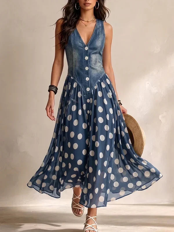 Alba Elegant Denim Effect Dress with Polka Dot Chiffon Skirt