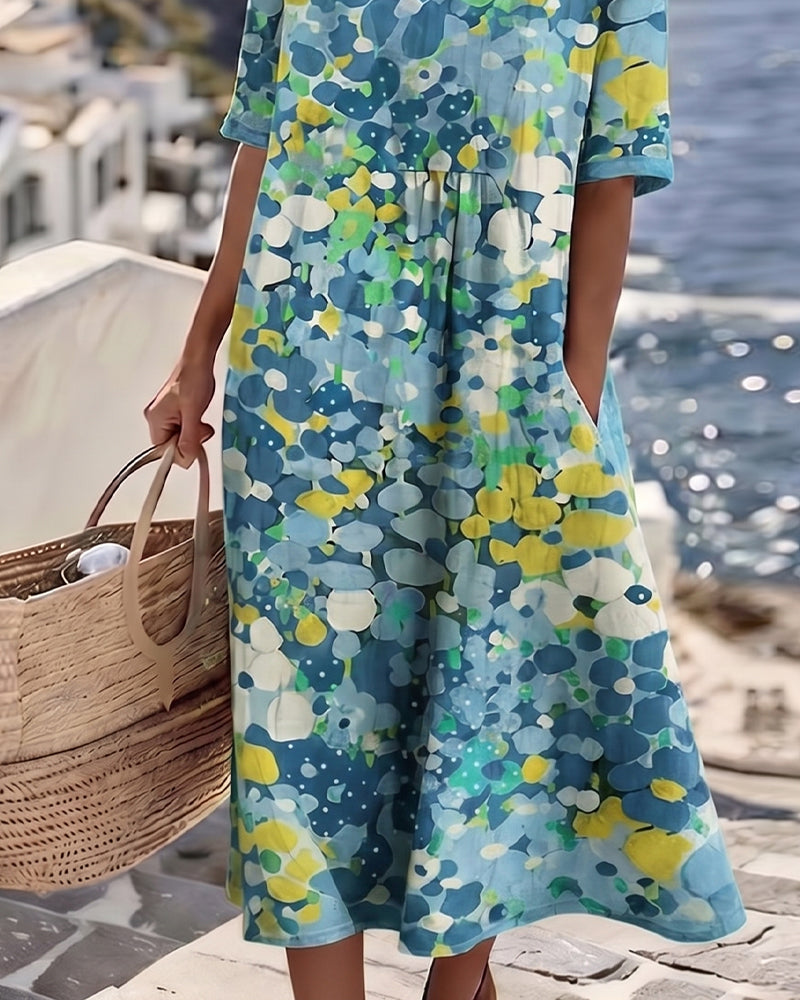 WILLOW | Floral Midi Dress with Round Neck and Short Sleeves for Effortless Summer Style