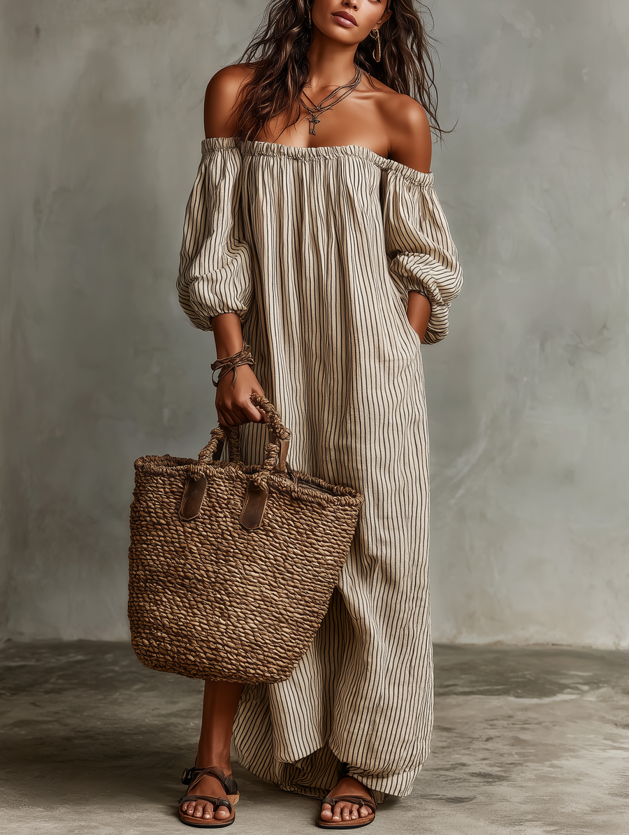 Carmen | Long cotton and linen dress with off-the-shoulder design
