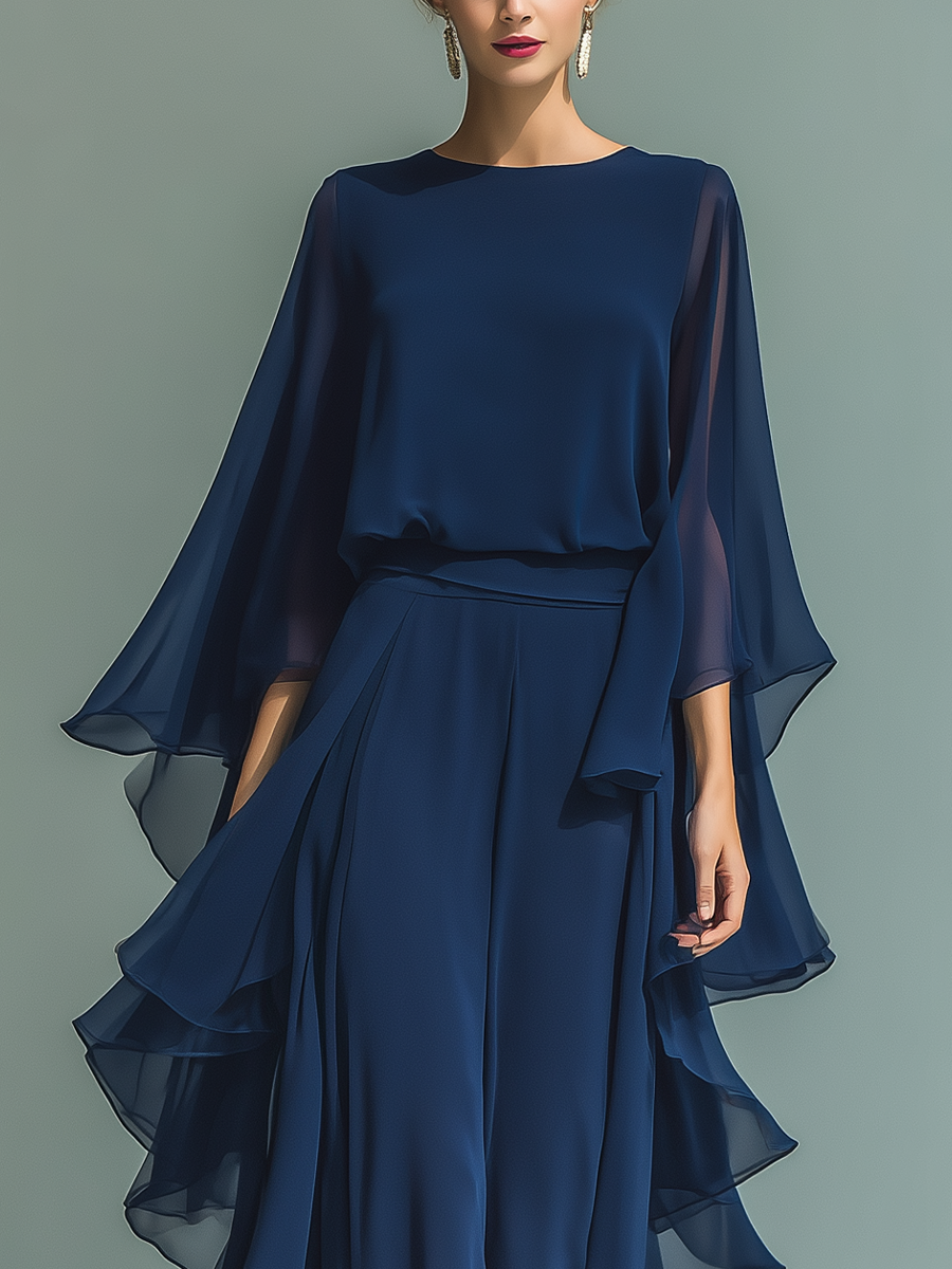 Navy Blue Chiffon Top Set with Flared Sleeves and Straight Leg Pants with Ruché Details