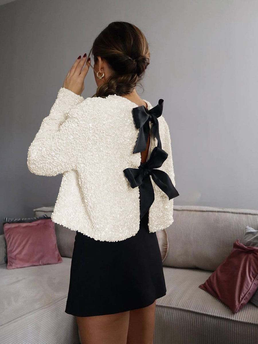Textured Sequin Jacket with Velvet Bow Detail