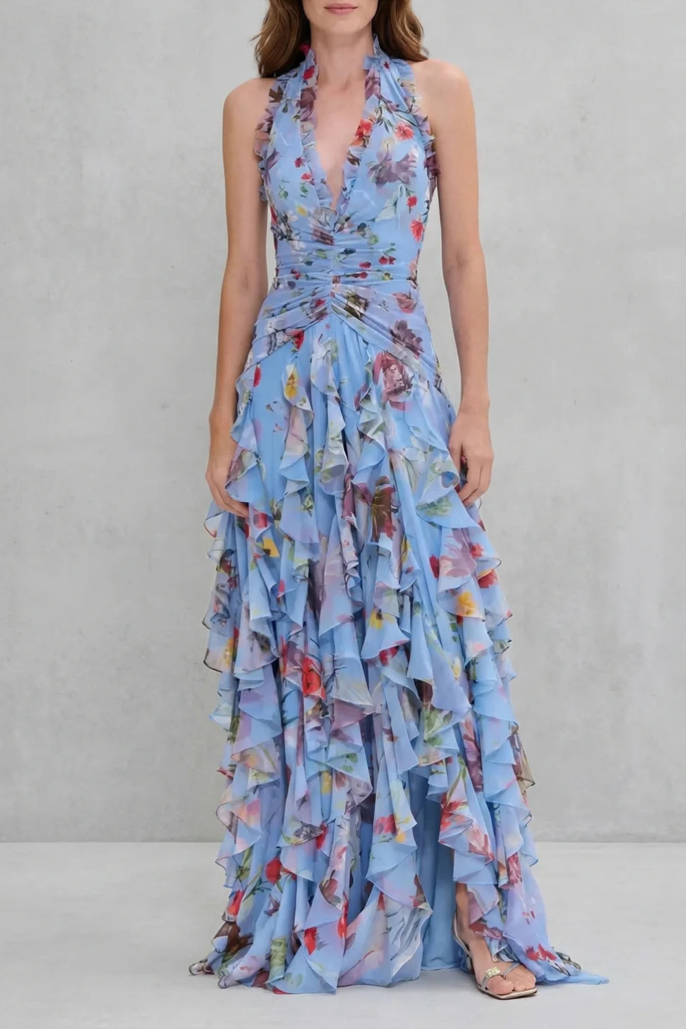 Belladina | Romantic Cascading Rose Long Dress with American Neckline