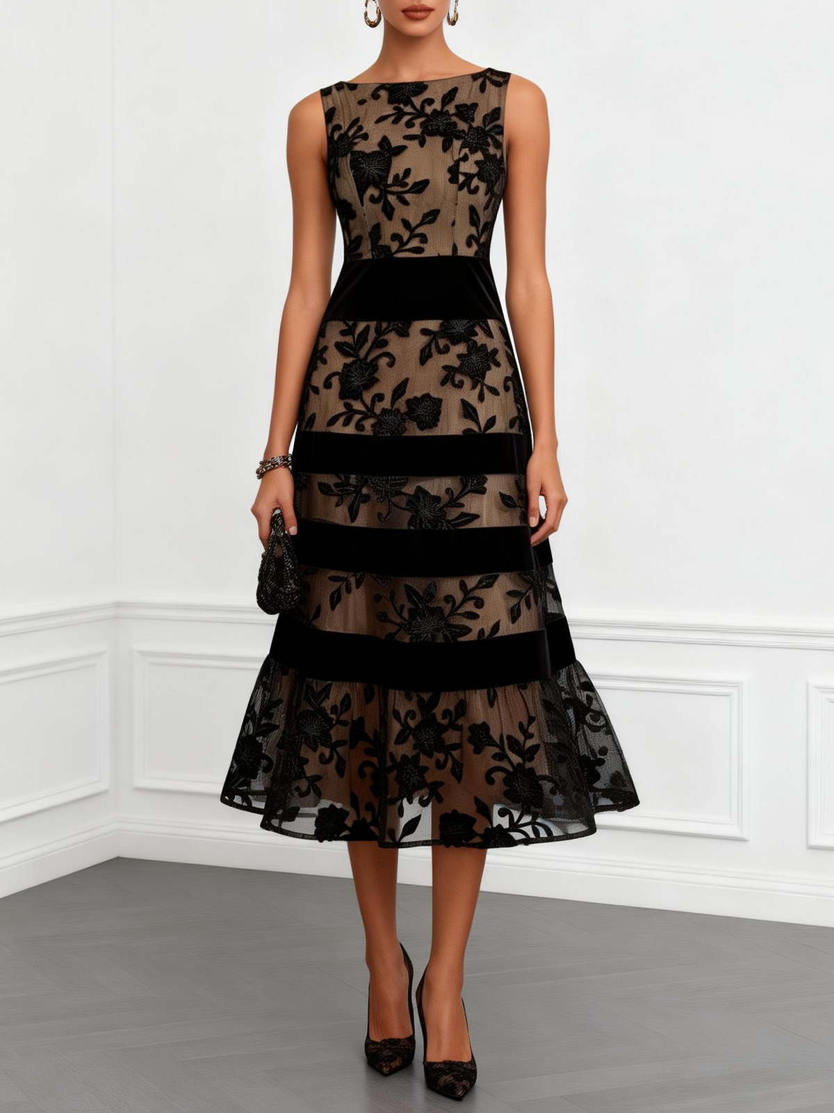 Black Mesh Sleeveless Midi A-Line Dress with Flowers