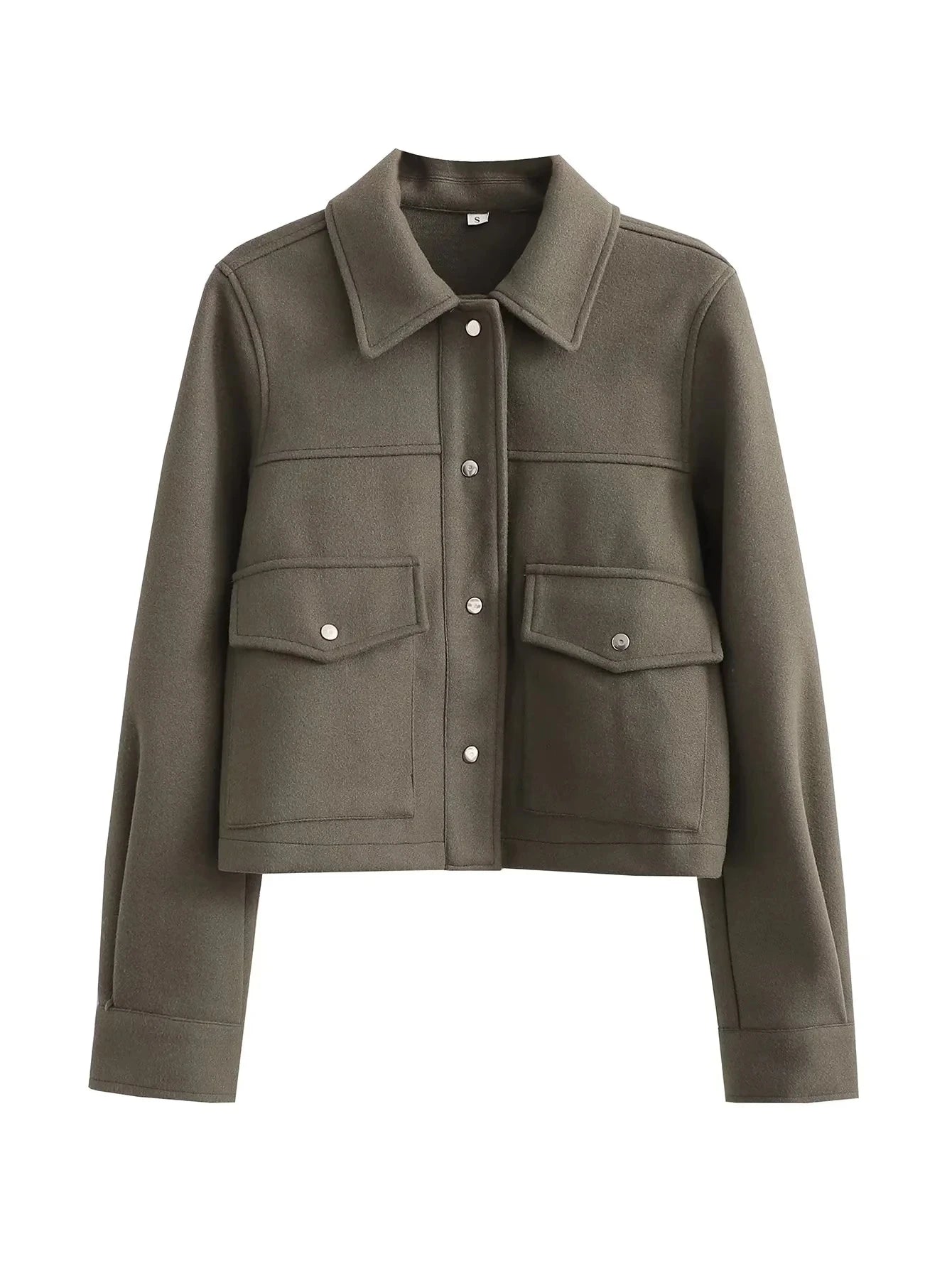 Women’s Cropped Wool-Blend Jacket with Button Front and Structured Utility Design