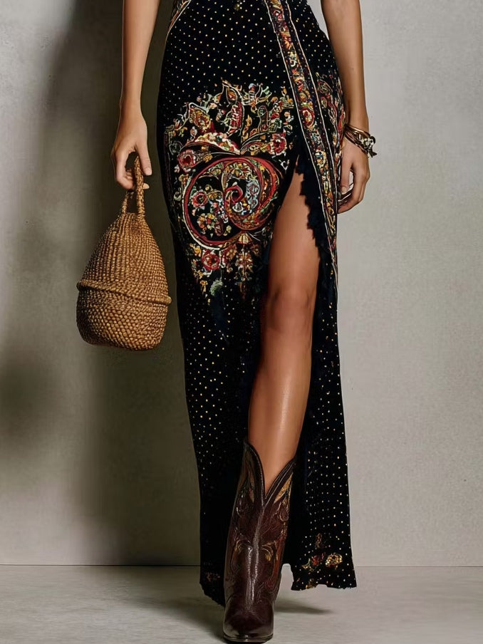 Bohemian Printed Dress with Deep V-Neck