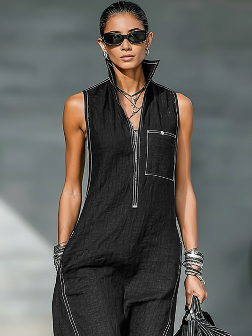 Women's Minimalist Sleeveless Jumpsuit with White Trim